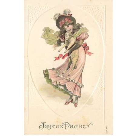 n°26131 - Carte Gaufrée - Joyeux Pâques - Jeune femme portant un mouton