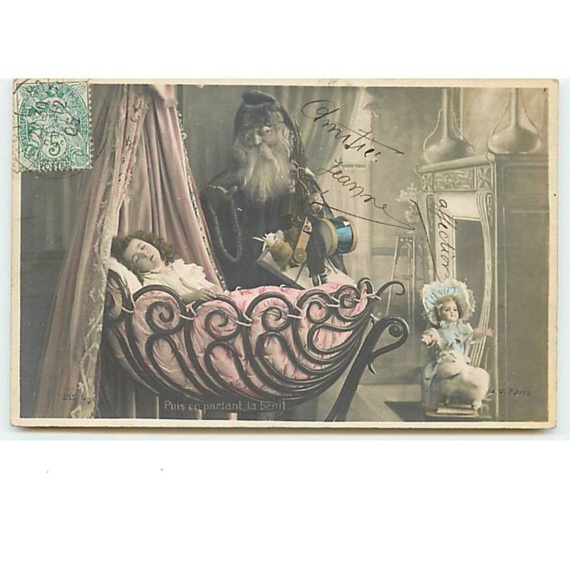 n°12744 - Puis en partant la bénit - Père Noël regardant une fillette dormir - poupée