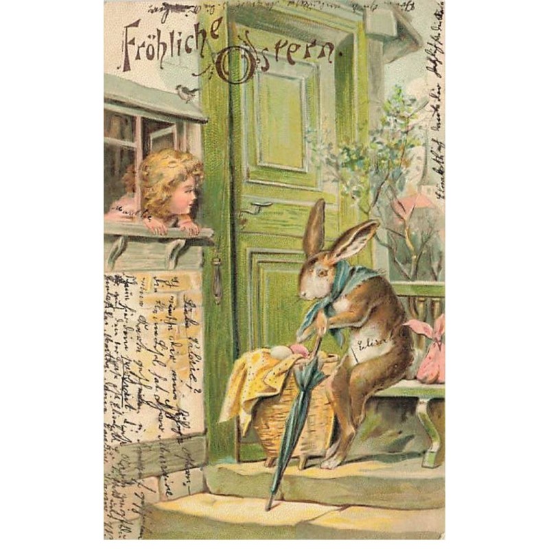 n°26137 - Carte Gaufrée - Pâques - Fröhliche Ostern - Fillette regardant un livre assis sur un banc