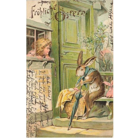 n°26137 - Carte Gaufrée - Pâques - Fröhliche Ostern - Fillette regardant un livre assis sur un banc
