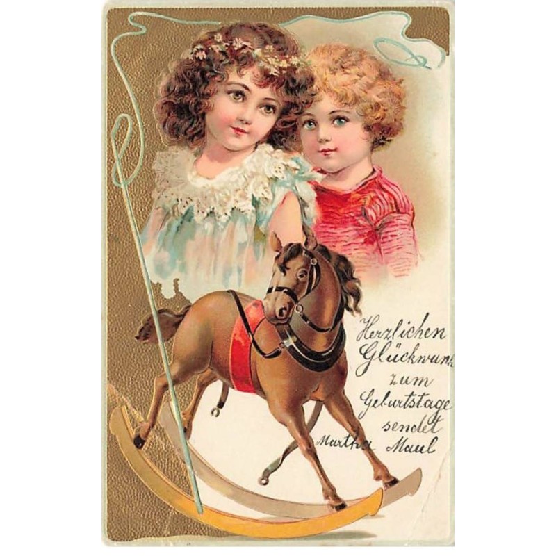 n°26138 - Carte Gaufrée - Fantaisie - Fillettes près d'un cheval en bois - Jouet - Carte vendue en l'état