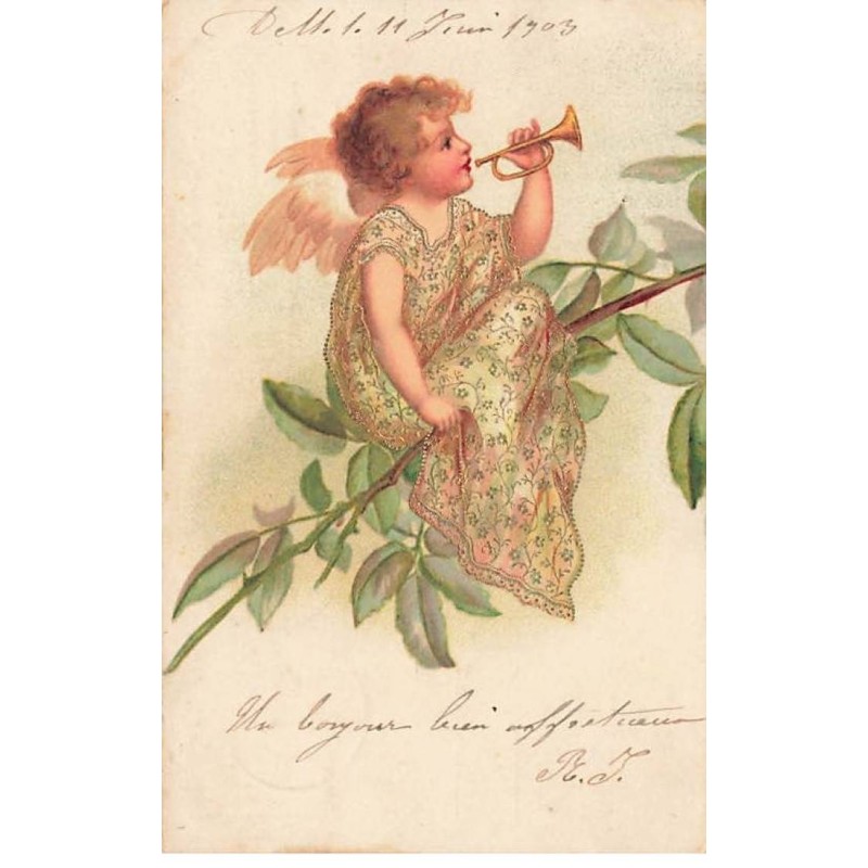 n°26144 - Clapsaddle - Ange assis sur une branche jouant de la Trompette
