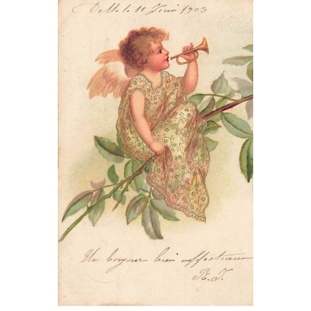 n°26144 - Clapsaddle - Ange assis sur une branche jouant de la Trompette