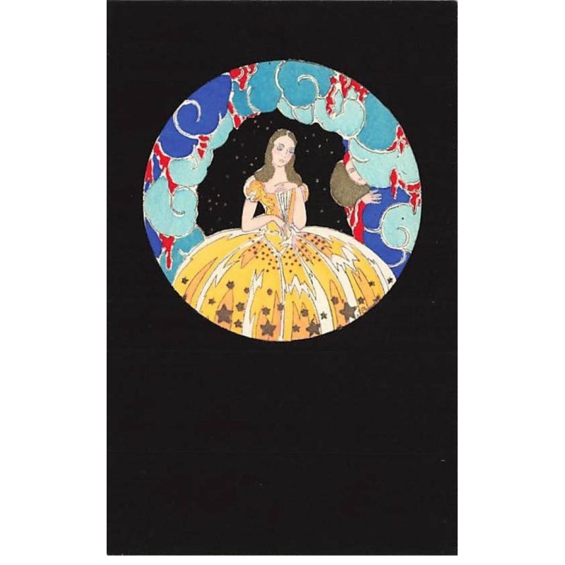 n°26152 - Illustrateur J. Chauvin - Art Déco - Jeune femme portant une robe de bal jaune dans un médaillon