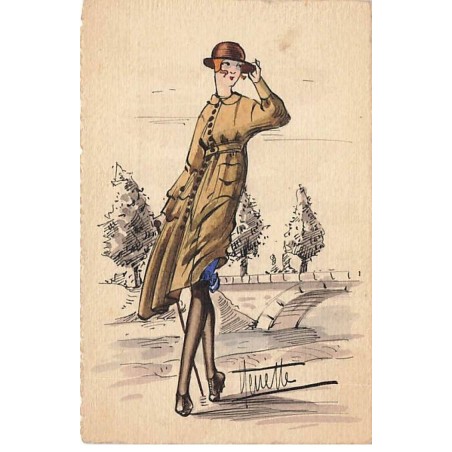 n°26156 - Carte Peinte à la Main - Nénette - Jeune femme se promenant - Mode
