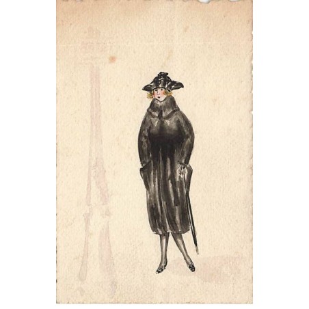n°26158 - Carte Peinte à la Main - Femme portant un manteau et un chapeau noir - Mode