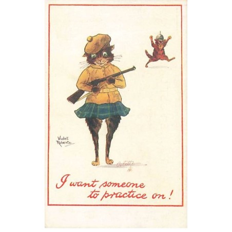 n°26160 - Illustrateur Violet Roberts - I want someone to practice on ! - Chat habillé tenant un fusil - Chasse
