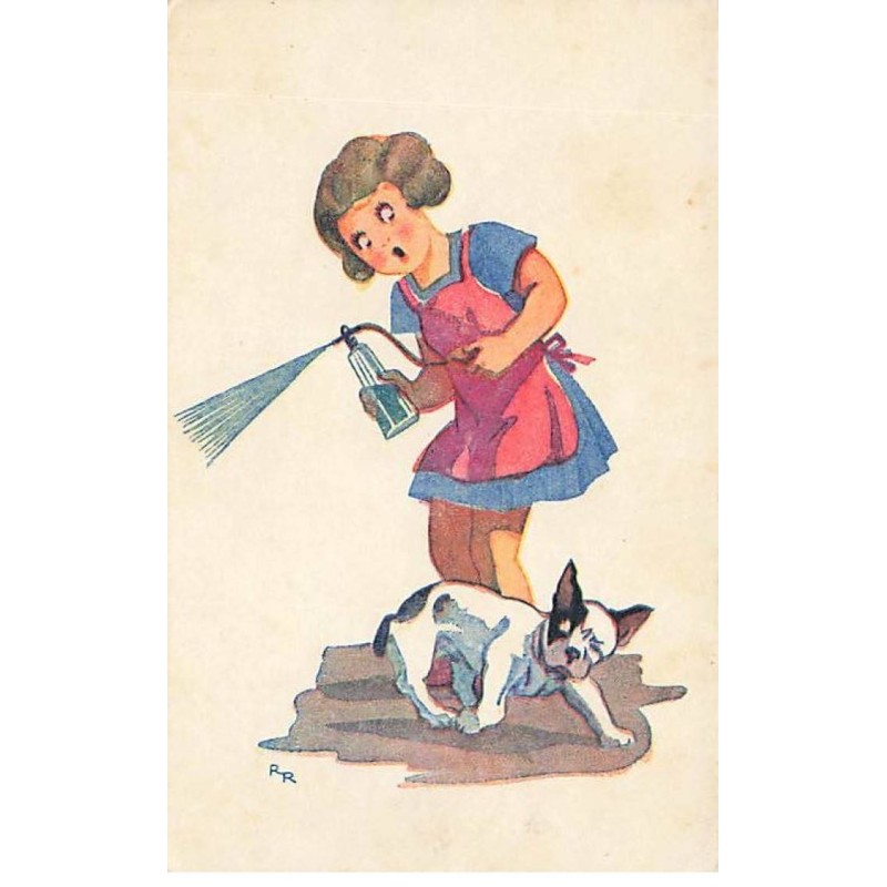 n°26161 - Fantaisie - Jeune fille voulant parfumé un chien - Bouledogue français