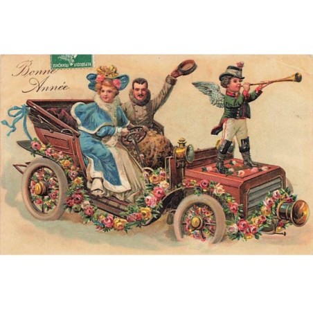 n°26164 - Carte Gaufrée - Bonne Année - Couple dans une voiture fleurie, avec un ange sur le capot
