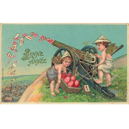 n°26165 - Carte Gaufrée - MSIB 14154 - Bonne Année - Anges envoyant des fleurs avec un canon