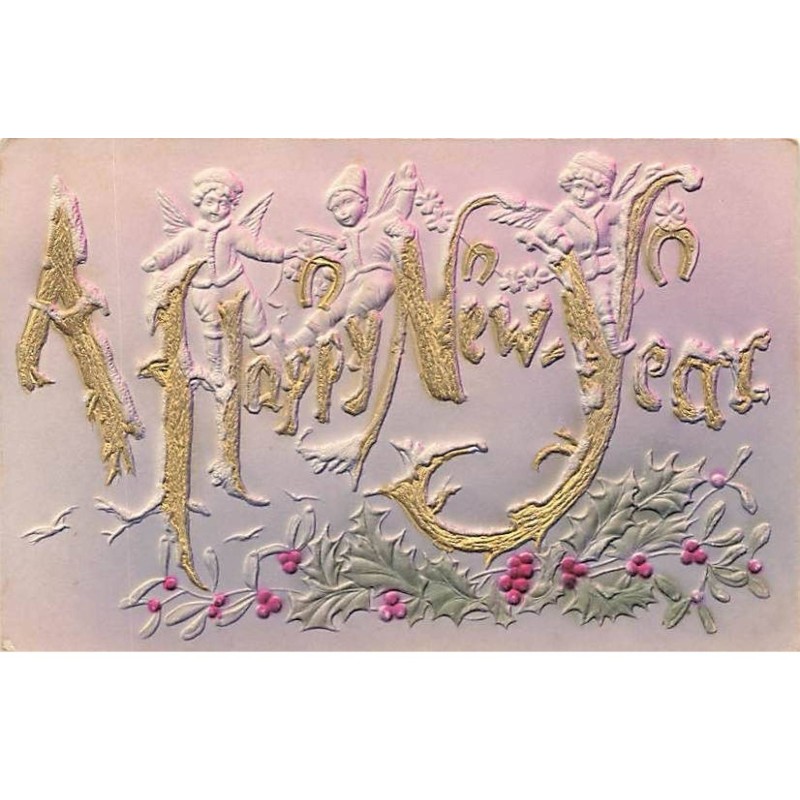 n°26168 - Carte Gaufrée - Nouvel An - A Happy New Year - Anges, Gui et Houx
