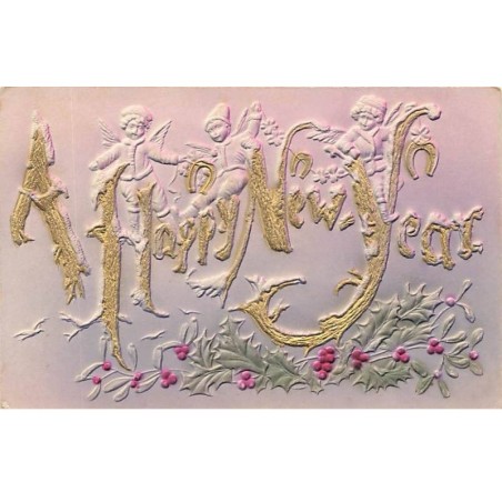 n°26168 - Carte Gaufrée - Nouvel An - A Happy New Year - Anges, Gui et Houx