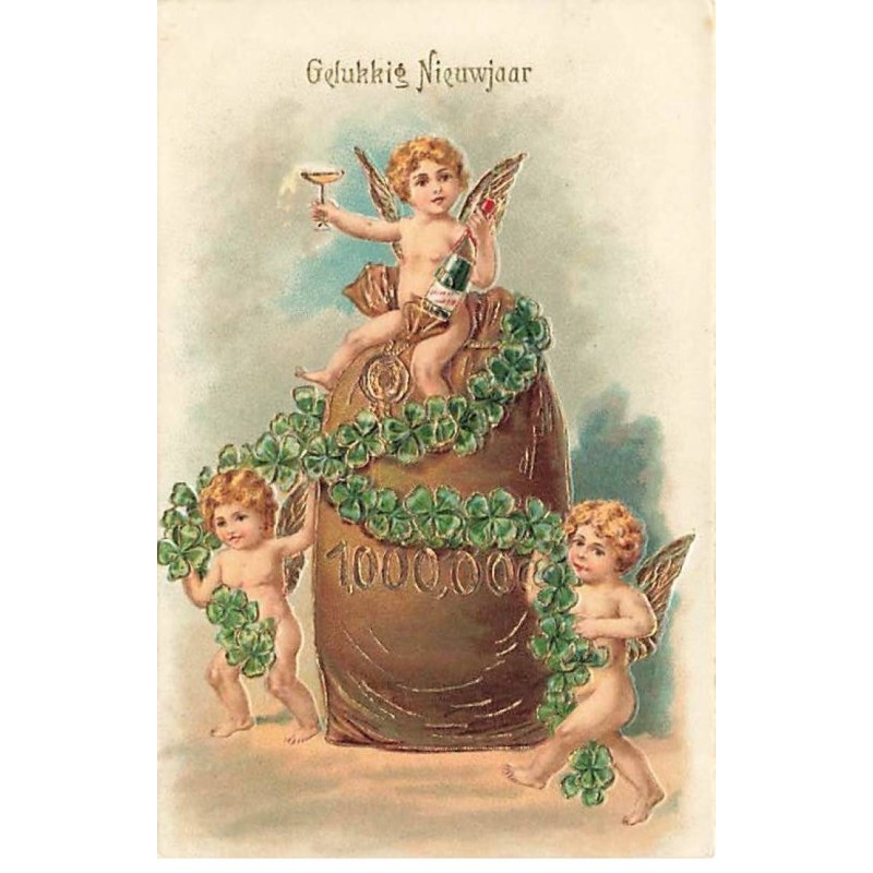 n°26172 - Carte Gaufrée - Nouvel An - Gelukkig Nieuwjaar - Anges trinquant autour d'un sac de pièces