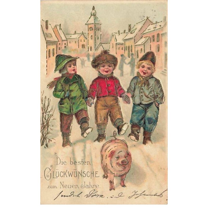 n°26175 - Carte Gaufrée - Nouvel An - Enfants suivant un cochon