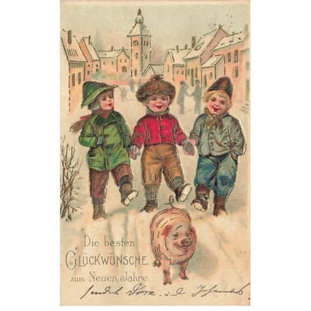 n°26175 - Carte Gaufrée - Nouvel An - Enfants suivant un cochon