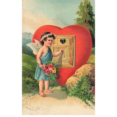 n°26182 - Carte Gaufrée - Ange frappant sur le volet d'un coeur