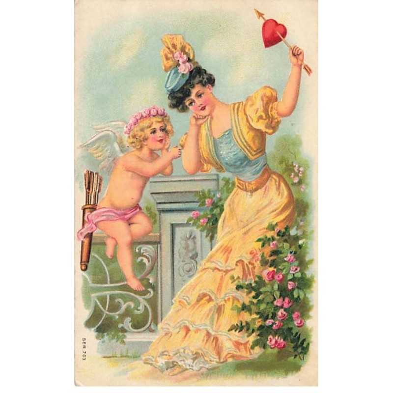 n°26183 - Carte Gaufrée - Ange - Cupidon parlant avec une jeune femme