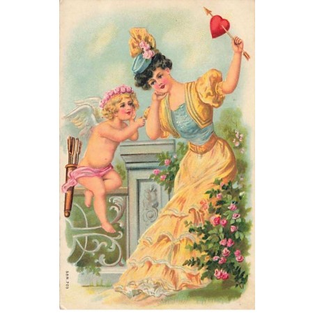 n°26183 - Carte Gaufrée - Ange - Cupidon parlant avec une jeune femme