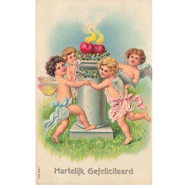 n°26186 - Carte Gaufrée - Hartelijk Gefeliciteerd - Anges faisant une ronde