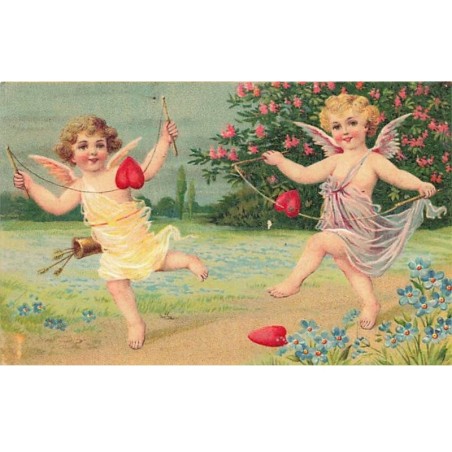n°26187 - Carte Gaufrée - Angelots, Cupidons jouant au diabolo avec des coeurs