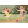 n°26187 - Carte Gaufrée - Angelots, Cupidons jouant au diabolo avec des coeurs