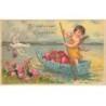 n°26188 - Carte Gaufrée - Ange dans une barque remplie de coeurs suivant une colombe