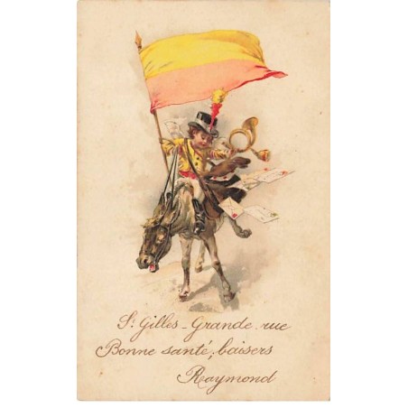 n°26189 - Angelot avec un drapeau, des lettres et un cor sur le dos d'un âne