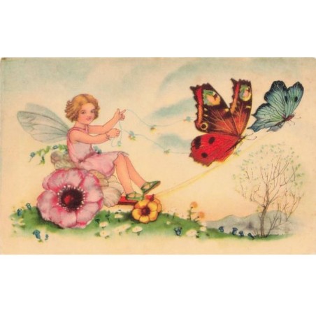 n°26193 - Fée, sylphide dans un char fait de fleurs, tiré par des papillons