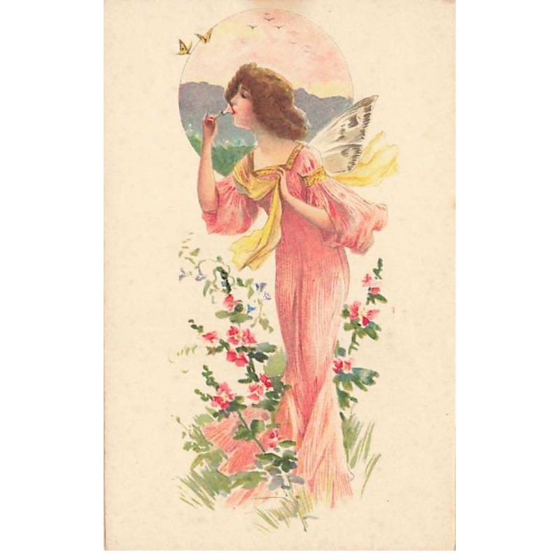 n°26201 - Fantaisie - Jeune femme avec des ailes sentant une fleur - Sylphide - Fée