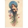 n°26202 - Fantaisie - Jeune femme avec des ailes de chauve-souris au milieu de fleur au clair de lune