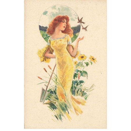 n°26204 - Fantaisie - Jeune femme avec des oiseaux, au milieu de tournesol, tenant une pelle