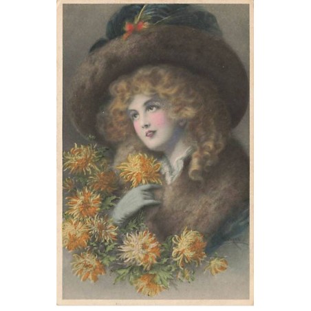 n°26205 - Fantaisie - MM Vienne n°633 - Jeune femme tenant des chrysanthèmes