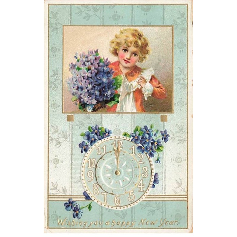 n°26211 - Carte Gaufrée - Wishing you a Happy New Year - Pendule et Garçon avec un bouquet de violettes