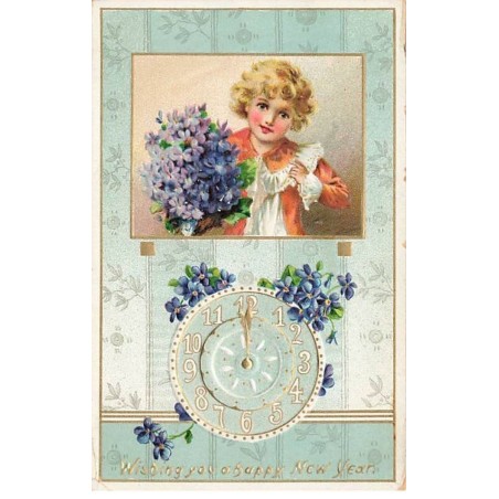 n°26211 - Carte Gaufrée - Wishing you a Happy New Year - Pendule et Garçon avec un bouquet de violettes
