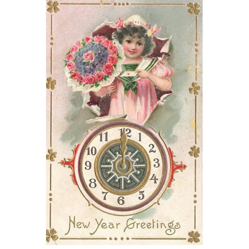 n°26213 - Carte Gaufrée - Nouvel An - New Year Greetings - Pendule et Fillette avec un bouquet