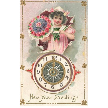 n°26213 - Carte Gaufrée - Nouvel An - New Year Greetings - Pendule et Fillette avec un bouquet