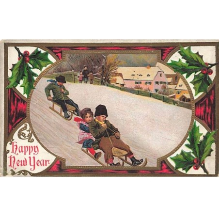 n°26214 - Carte Gaufrée - Nouvel An - Happy New Year - Homme et enfants faisant de la luge