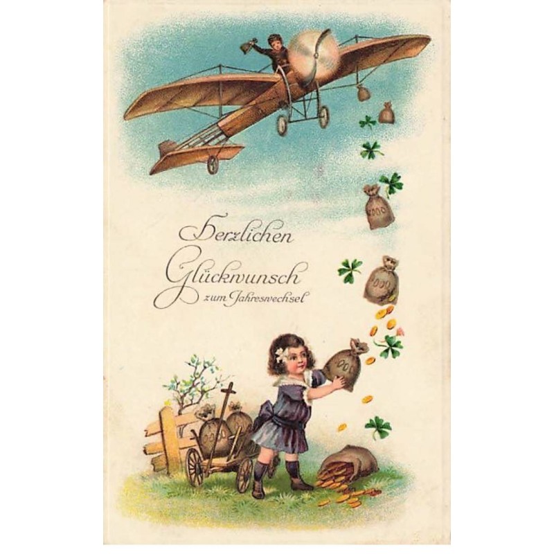 n°26217 - Carte Gaufrée - Fillette attrapant des sacs de pièces lançés d'un avion