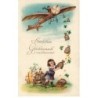 n°26217 - Carte Gaufrée - Fillette attrapant des sacs de pièces lançés d'un avion