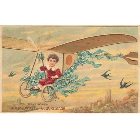 n°26218 - Carte Gaufrée - Garçon dans un avion décoré de myosotis - Hirondelles