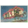 n°26220 - Garçon pilotant un avion décoré de roses au dessus d'un village