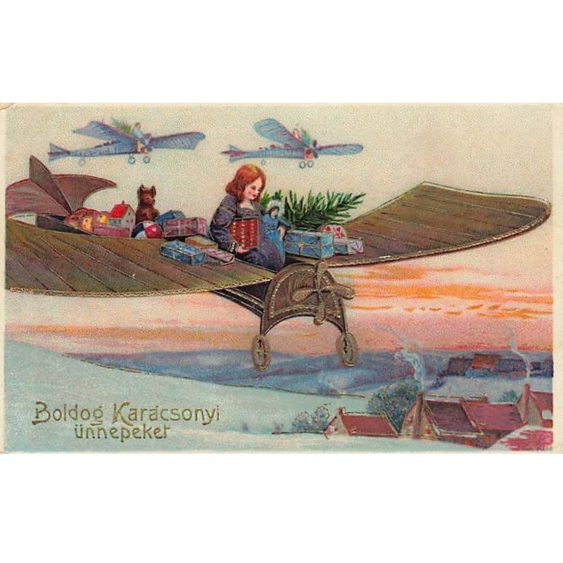n°26224 - Carte Gaufrée - Boldog Karacsonyi ünnepeket - Ange dans un avion rempli de jouets et de cadeaux