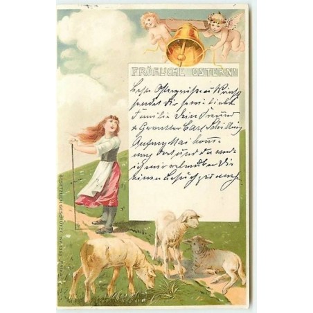 n°10291 - Carte Fantaisie - Fröhliche Ostern - Erika n°1363 - Angelots, moutons