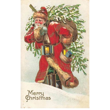 n°26225 - Carte Gaufrée - Merry Christmas - Père Noël apportant un sapin et des cadeaux