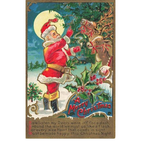 n°26227 - Carte Gaufrée - A Merry Christmas - Père Noël devant ses Rennes