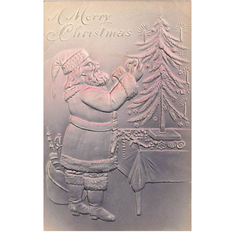 n°26228 - Carte Gaufrée - A Merry Christmas - Père Noël décorant un sapin