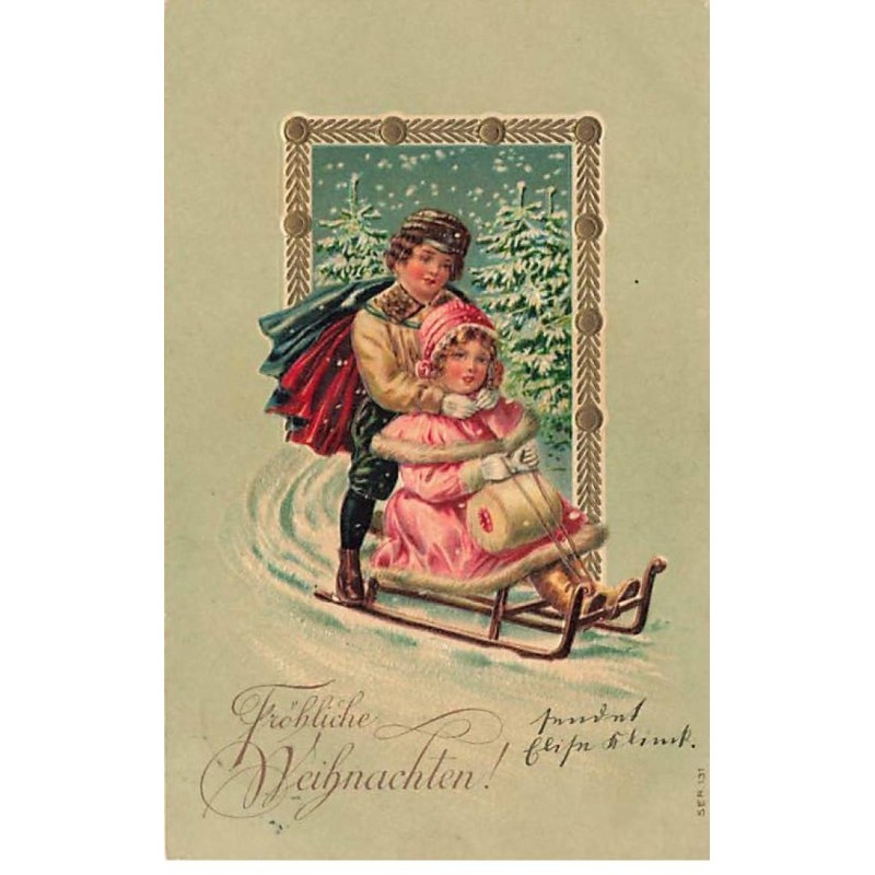 n°26231 - Carte Gaufrée - Noël - Herzlichen Weihnachten - Couple de jeunes enfants sur une luge