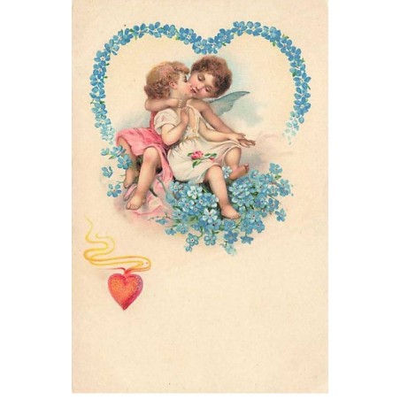 n°26232 - Couple d'Anges s'embrassant dans un coeur de myosotis