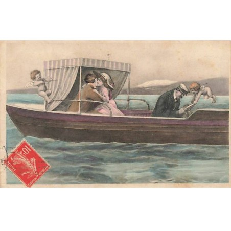 n°26233 - Ange - Cupidon et ange veillant sur un couple s'embrassant dans une barque