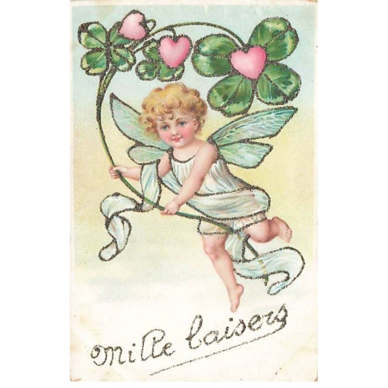 n°26234 - Carte Gaufrée avec Paillettes - Ange - Mille baisers - Ange portant des trèfles